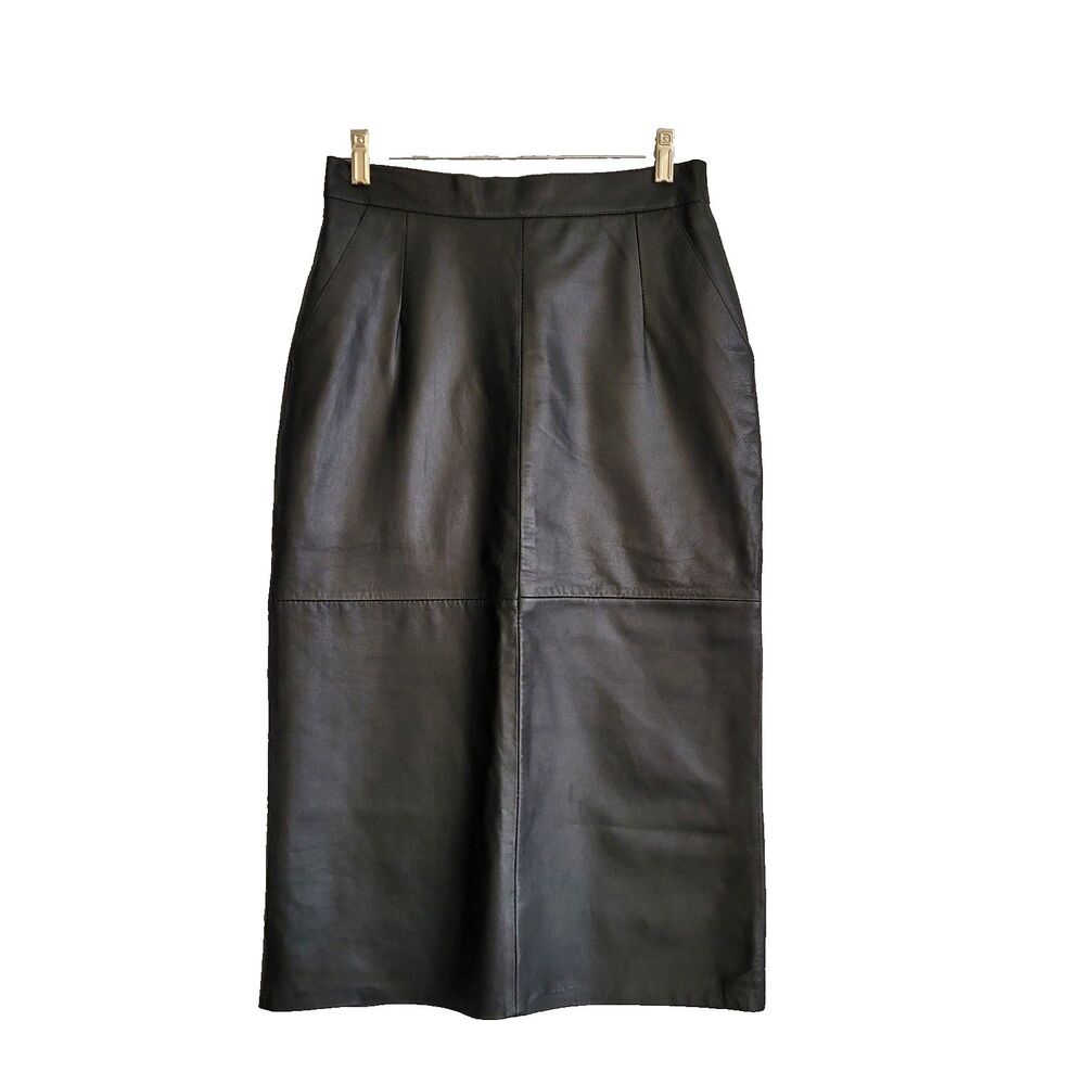 Vintage Skirt Soft Leather size 12 Black Midi Back Split Pockets Sakowitz